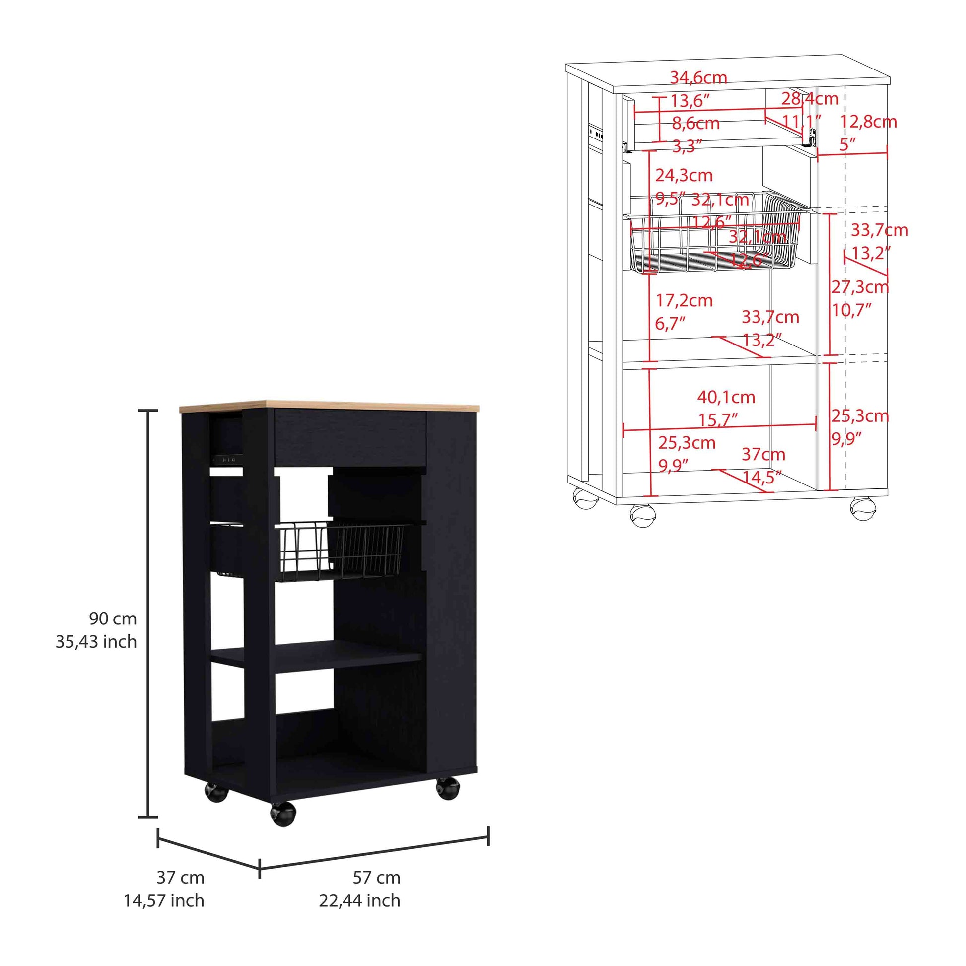 Black kitchen cart with wooden top metal basket and wheels