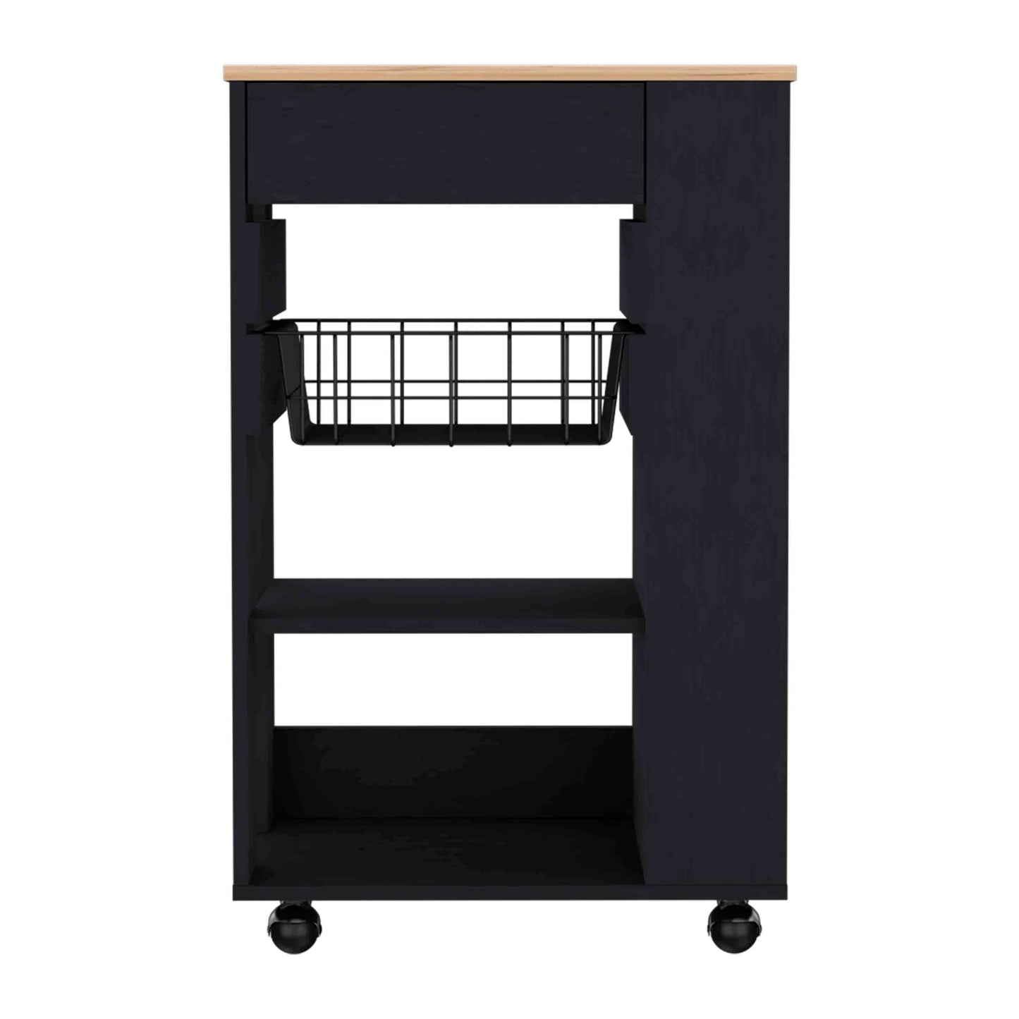 Dark blue kitchen cart with black wire basket and wood top