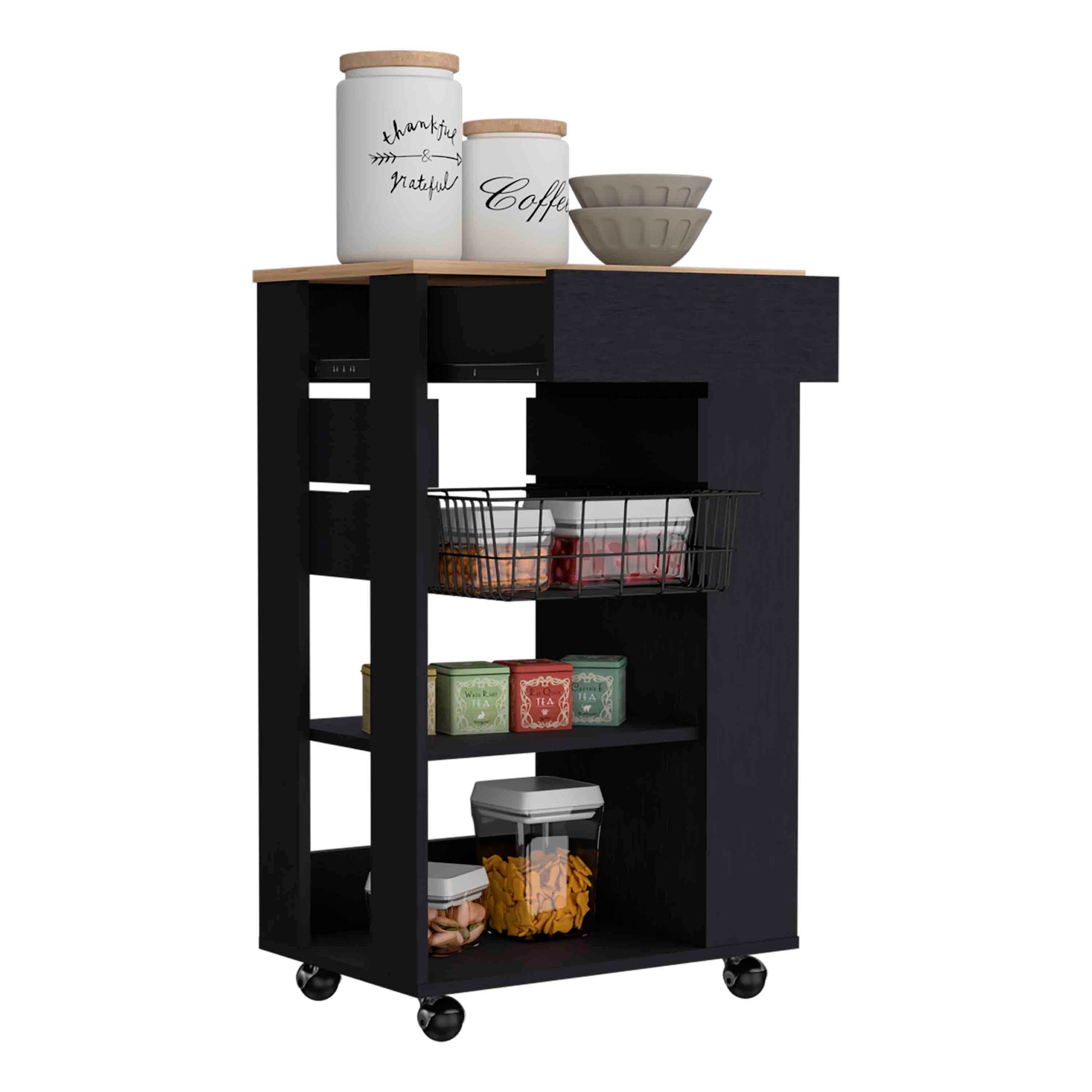Black kitchen cart with wooden top and two storage canisters