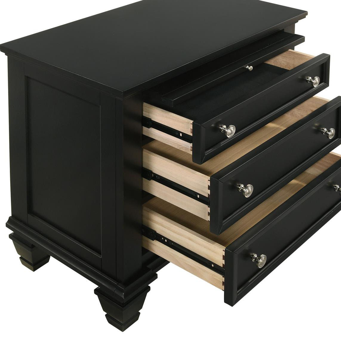 Black wooden nightstand with three open drawers and silver knobs