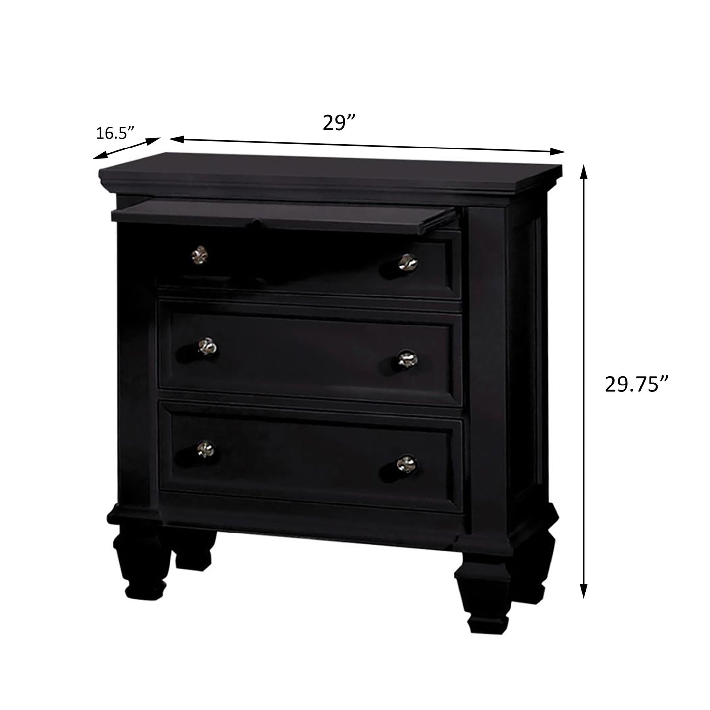 Black drawer nightstand with silver knobs and a lifttop surface for bedside storage