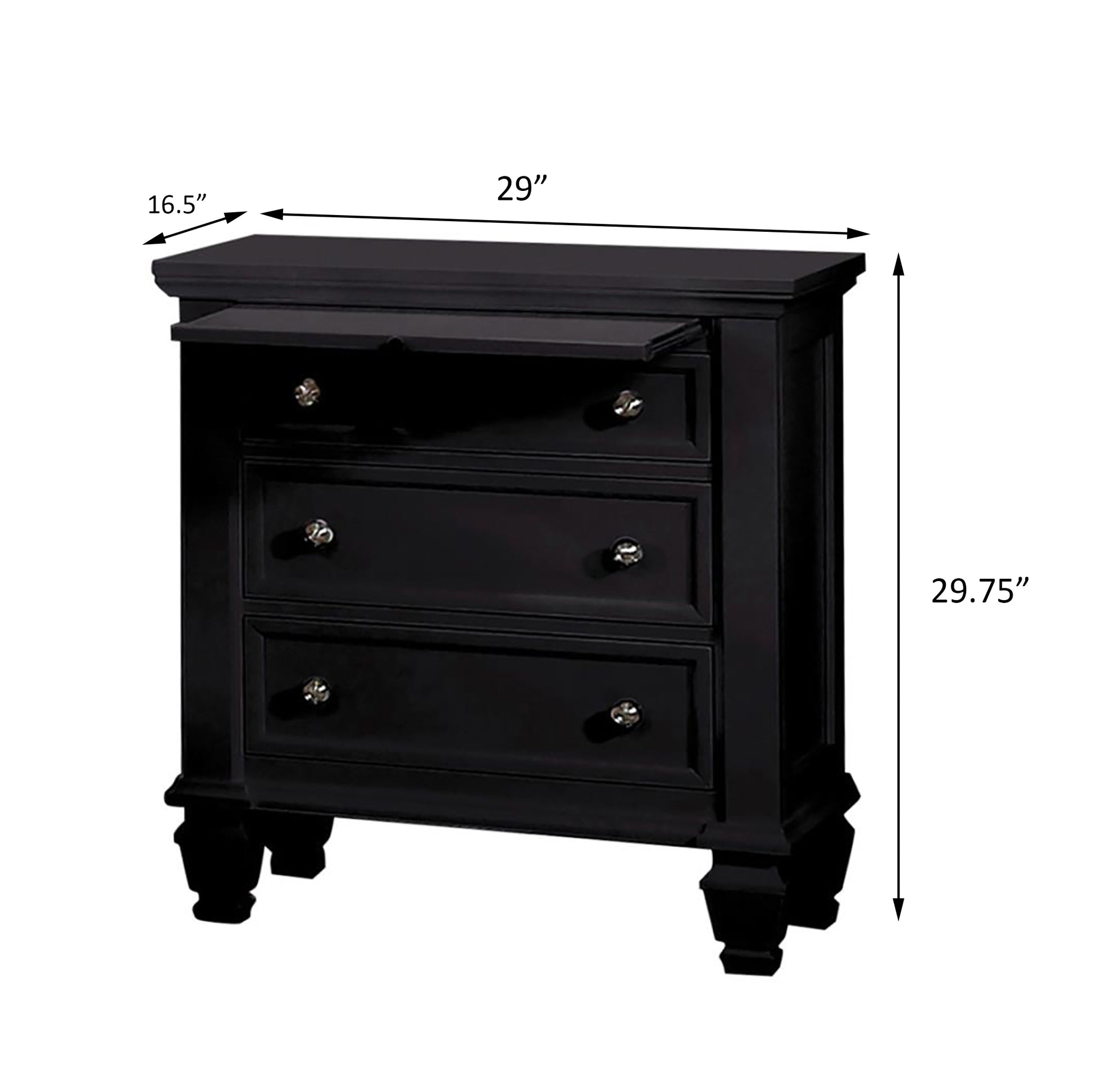 Black drawer nightstand with silver knobs and a lifttop surface for bedside storage