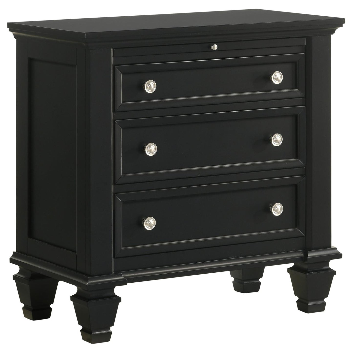 Black wood nightstand with three drawers and silver knobs perfect for bedroom storage