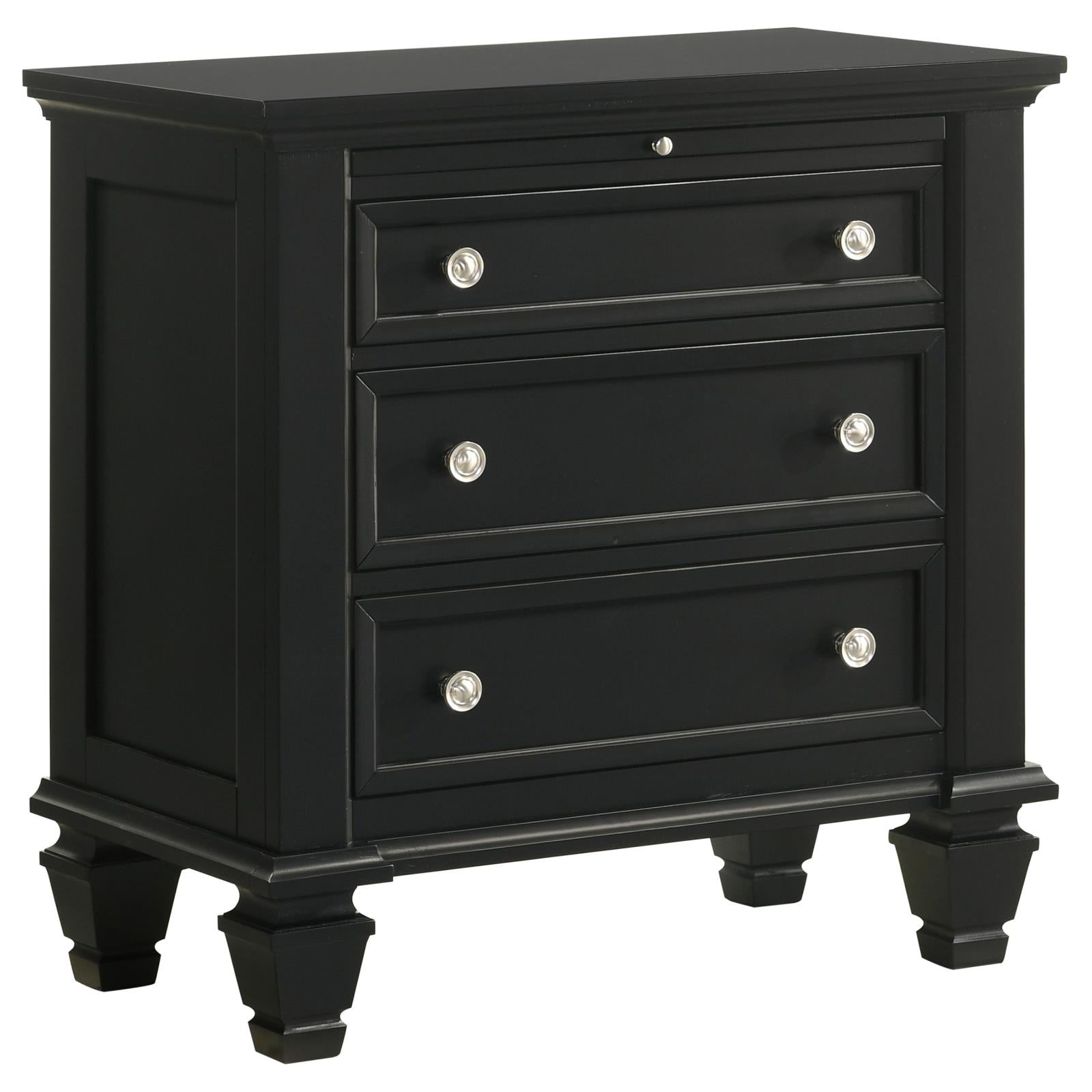 Black wood nightstand with three drawers and silver knobs perfect for bedroom storage