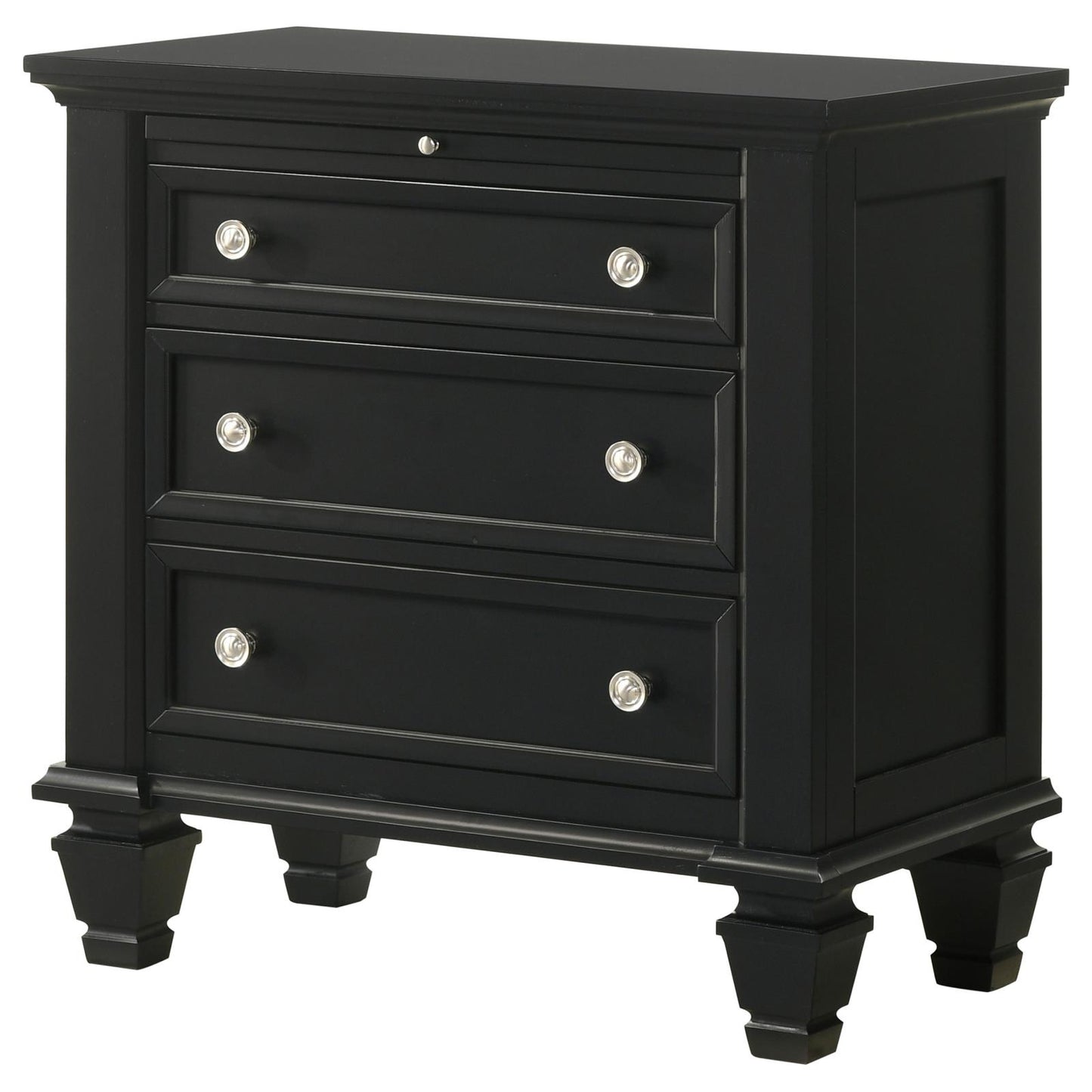 Black threedrawer nightstand with silver knob hardware and decorative molding