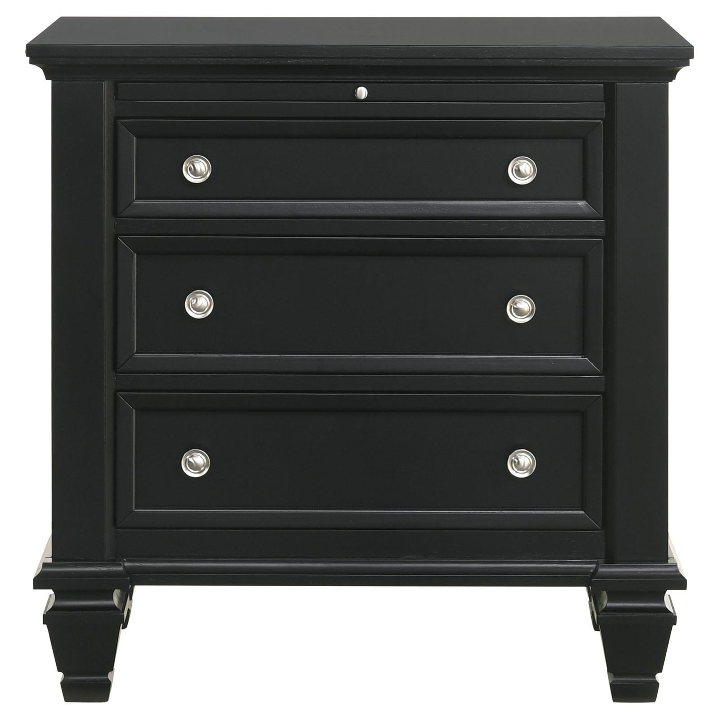 Black threedrawer nightstand with silver knob hardware and elegant carved legs