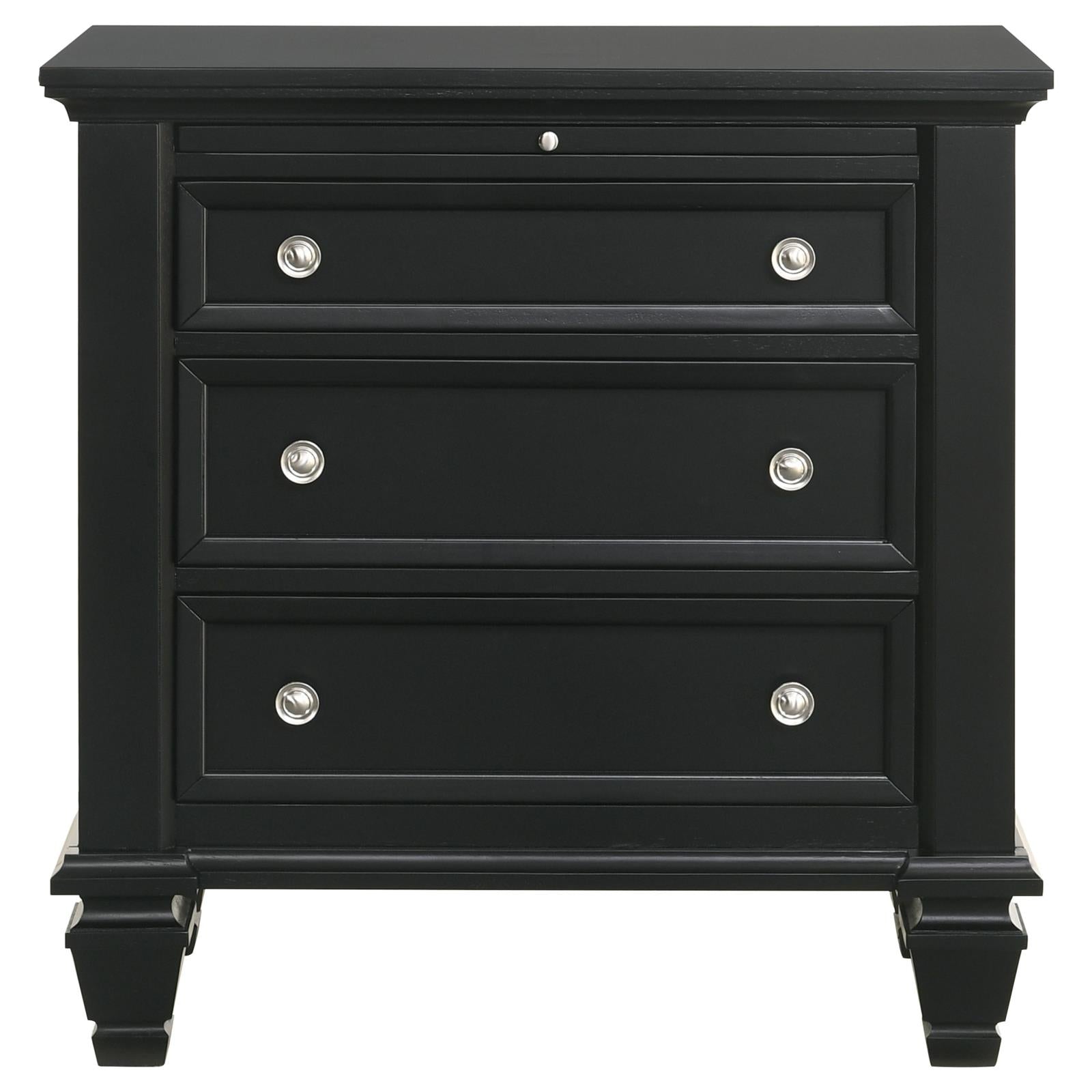 Black threedrawer nightstand with silver knob hardware and elegant carved legs