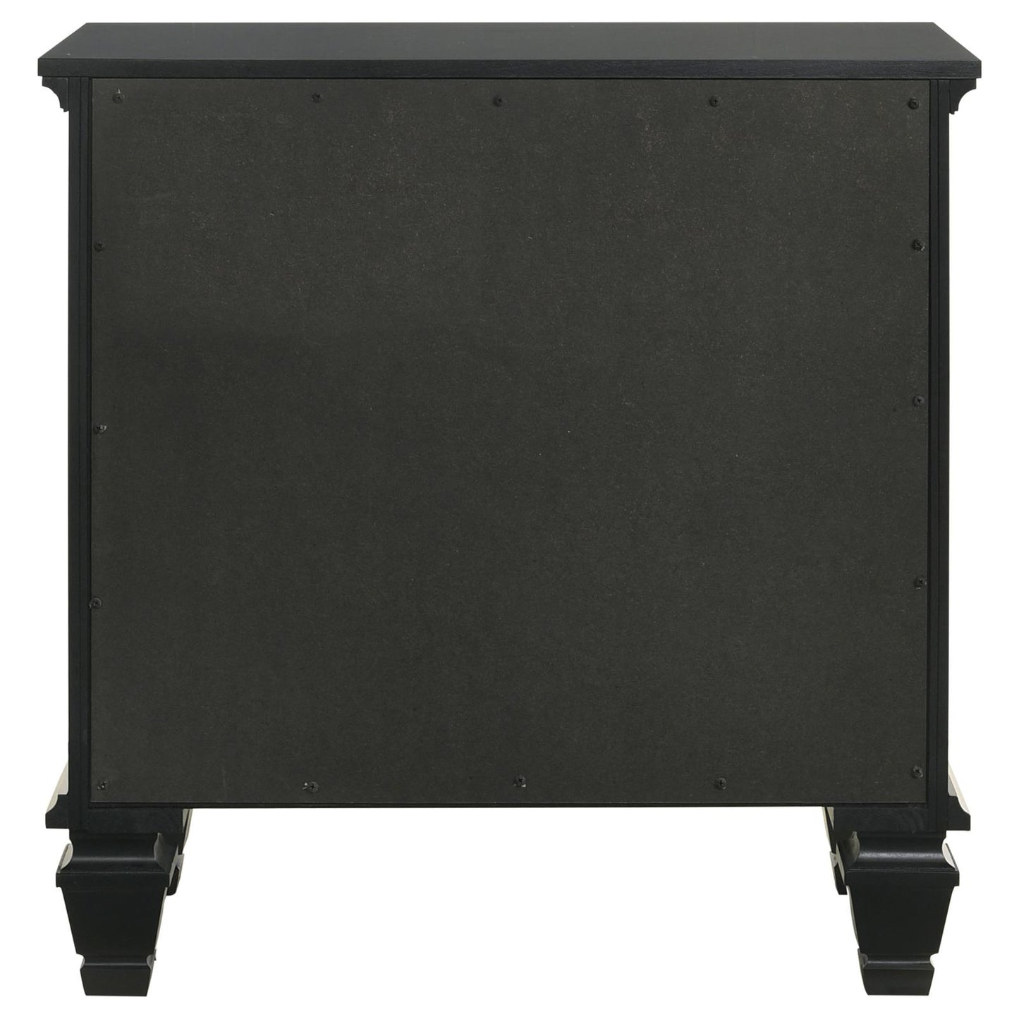Black wooden nightstand back view with decorative feet