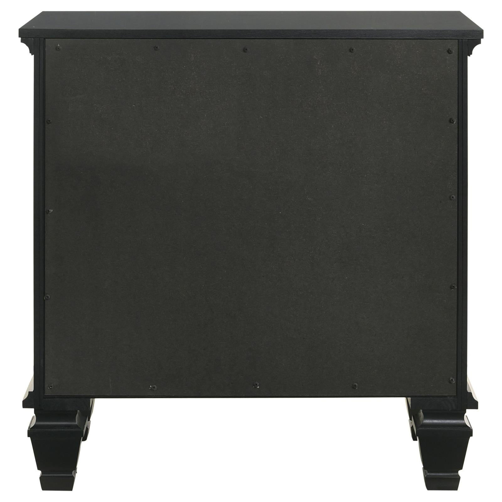 Black wooden nightstand back view with decorative feet
