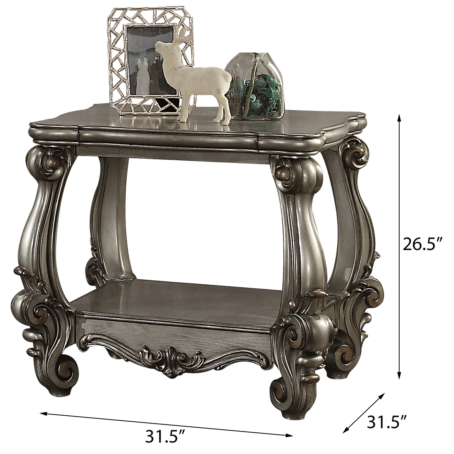 Ornate carved silver end table with lower shelf  W x  H