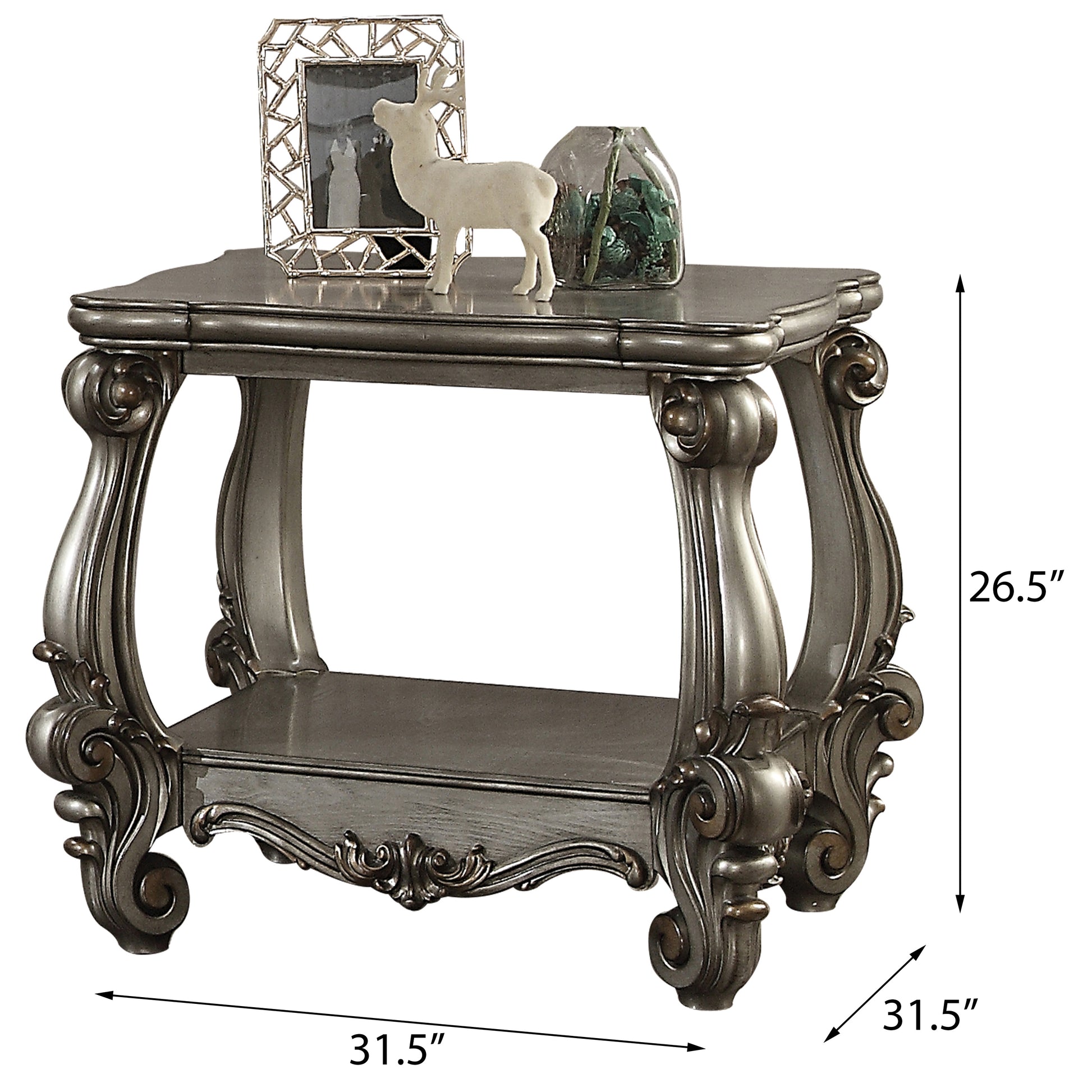 Ornate carved silver end table with lower shelf  W x  H