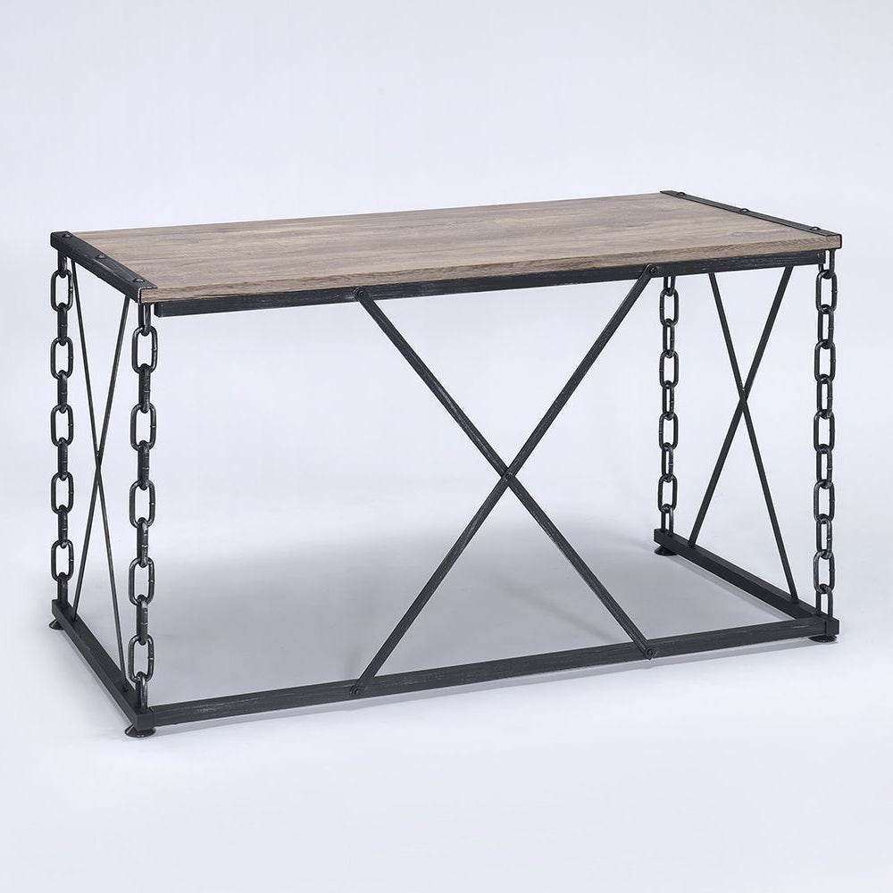Industrial style coffee table with a distressed wood top and decorative chain accents