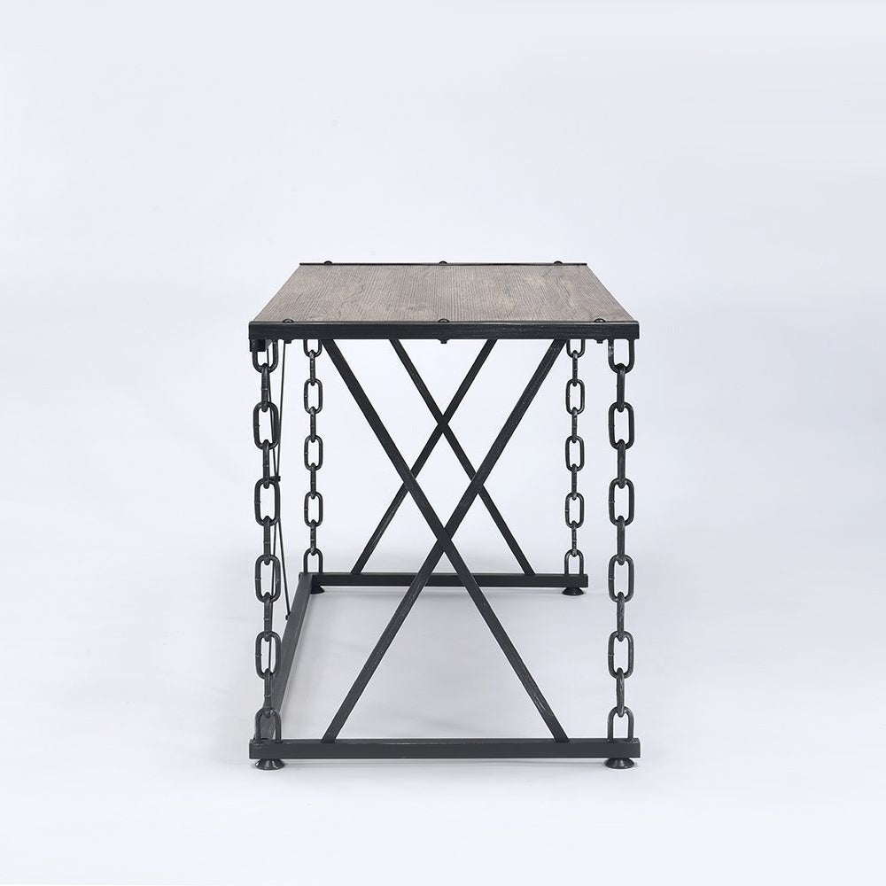 Industrial coffee table with faux wood top and metal chain accents