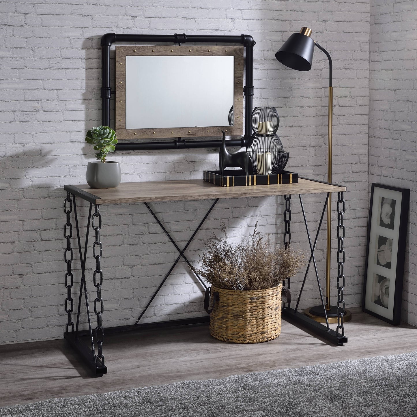 Industrial style console table with wood top and chainlink legs