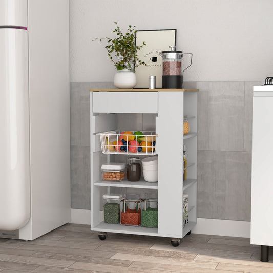 White rolling kitchen cart with wooden top and storage shelves