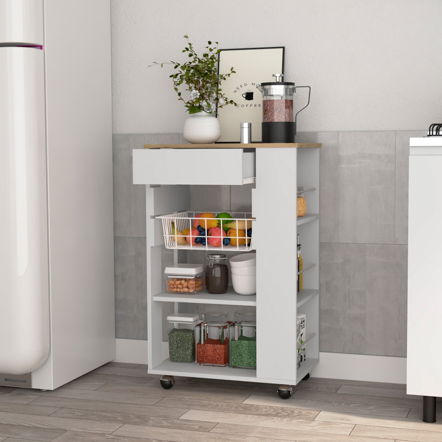 White kitchen cart with wooden top drawer fruit basket and storage shelves