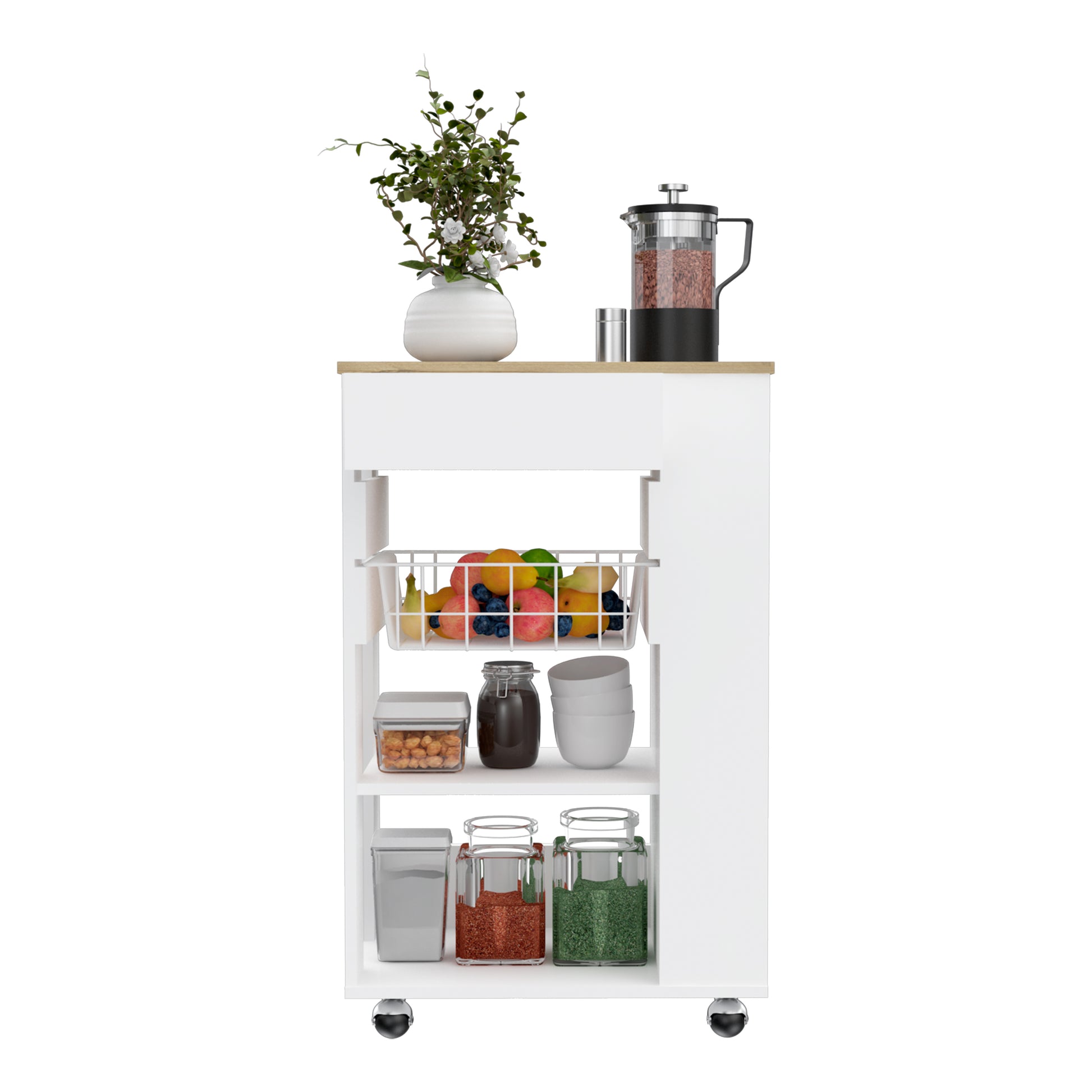 White kitchen cart with wood top holding fruit basket coffee press and storage jars