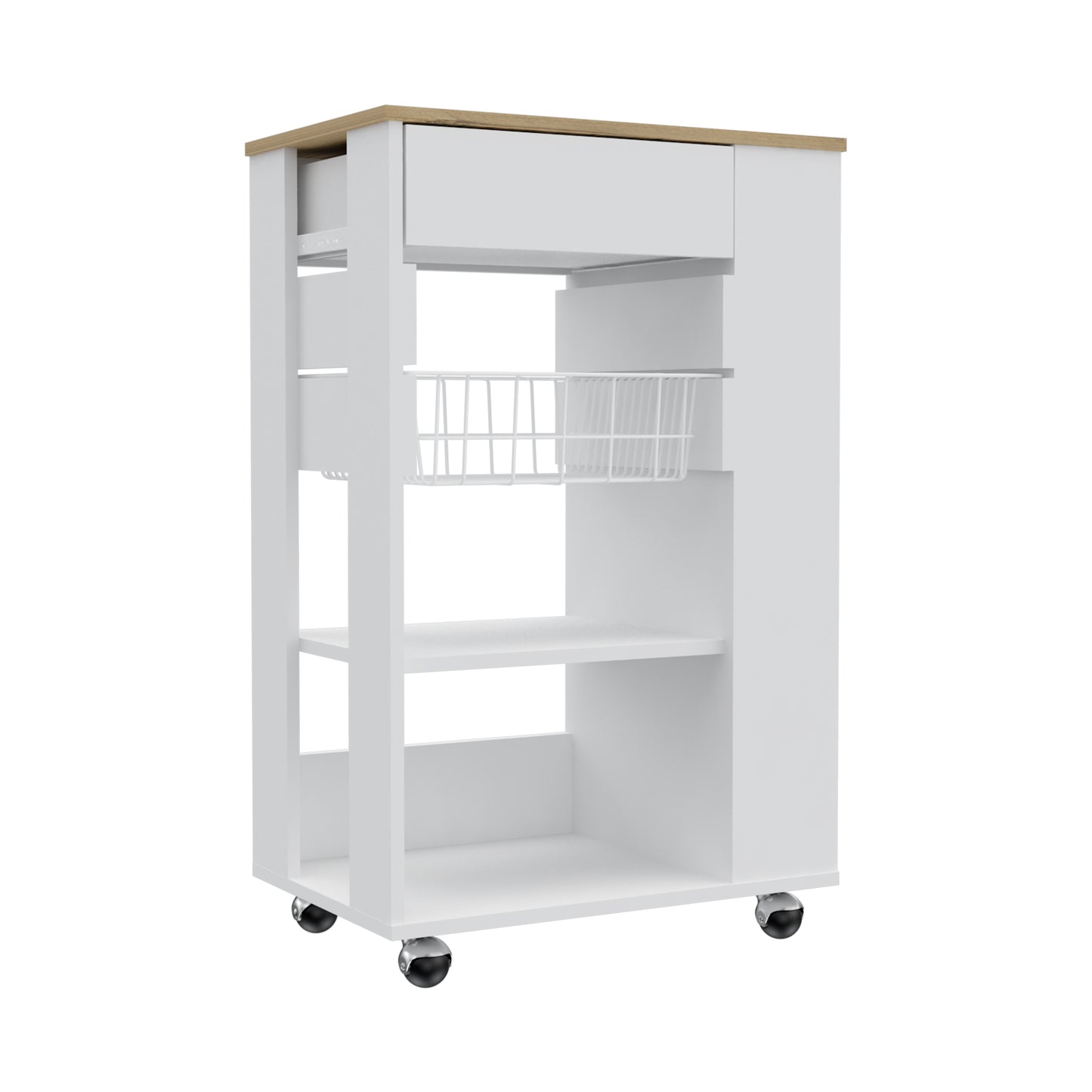 White kitchen cart with wood top and wire basket