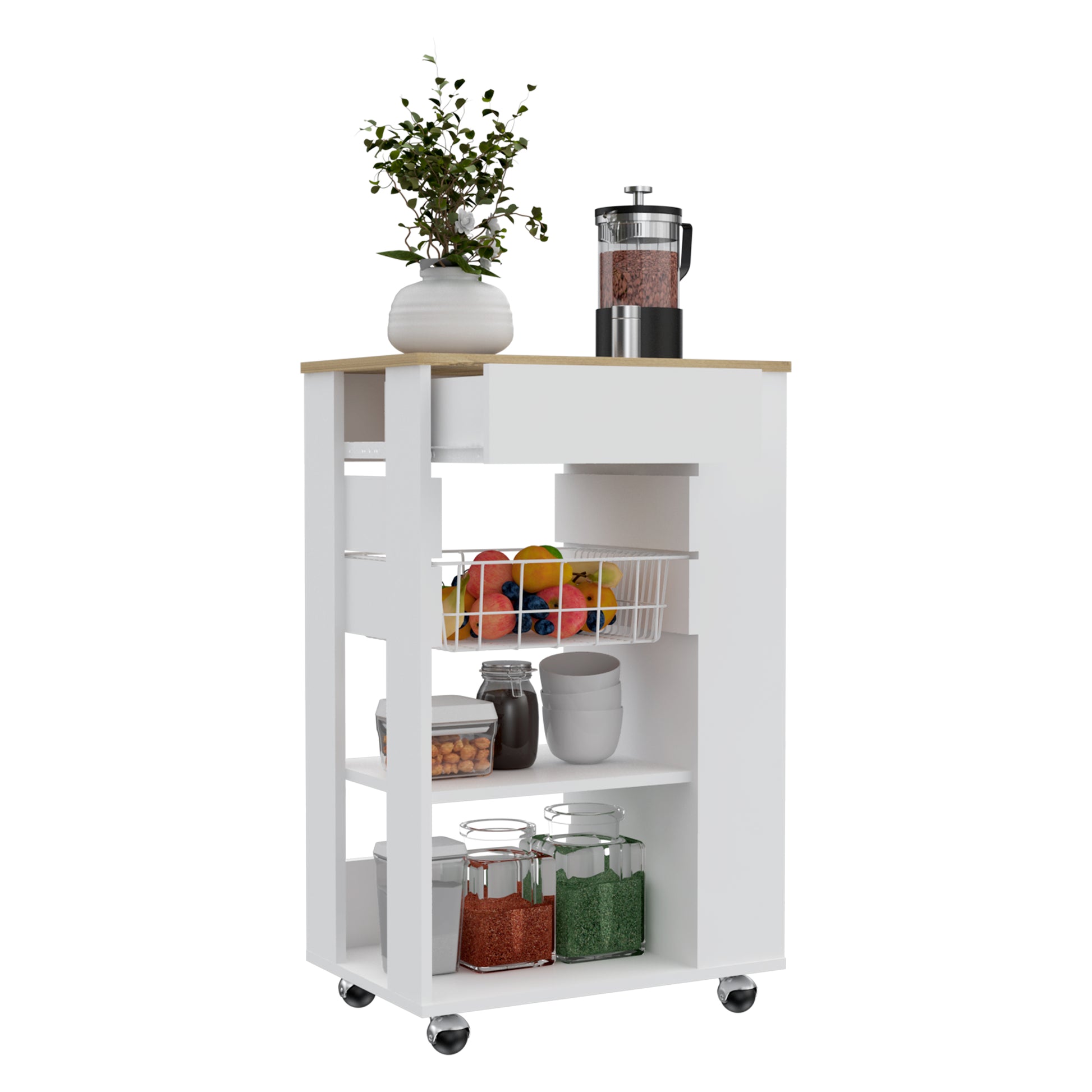 White and wood kitchen cart with fruit basket and spice jars