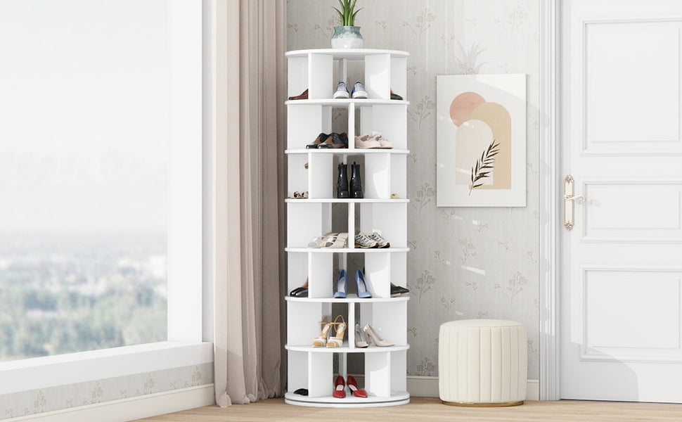 White revolving shoe rack with  tiers and various shoe styles on display
