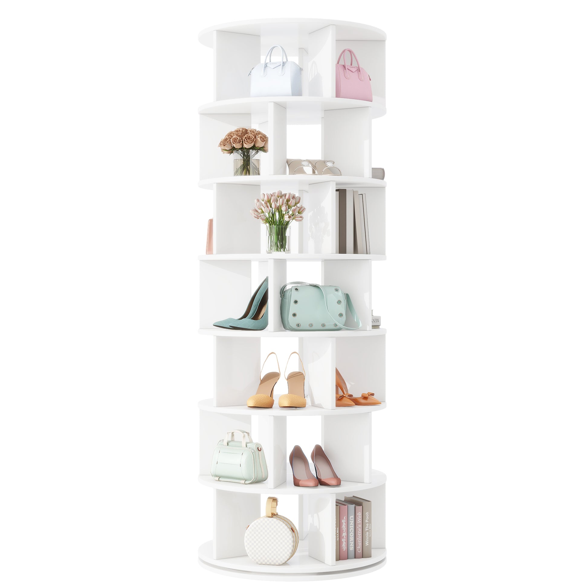 White rotating bookshelf with light blue and pink handbags on top shelf