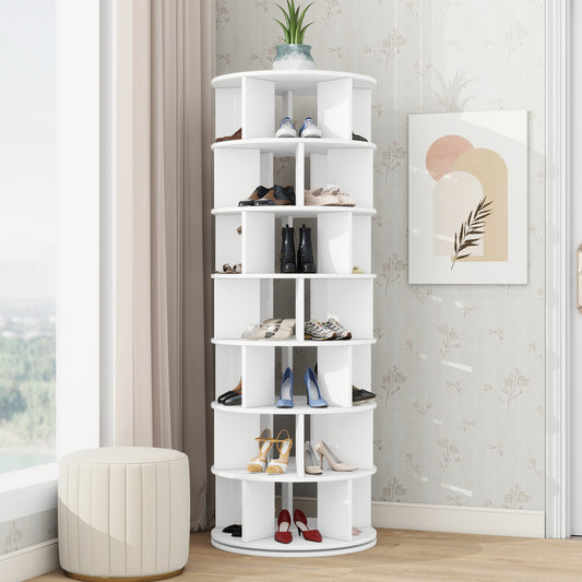 White rotating  shoe rack with blue sneakers on top shelf