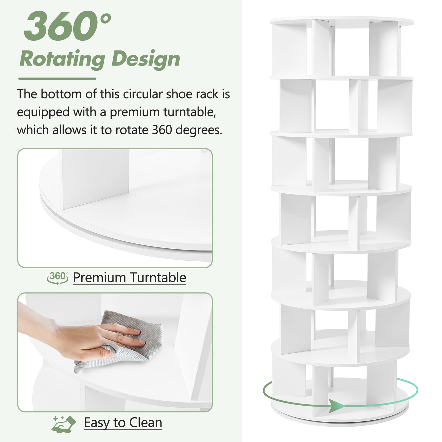White  rotating shoe rack with multiple tiered shelves and a circular base for shoe storage