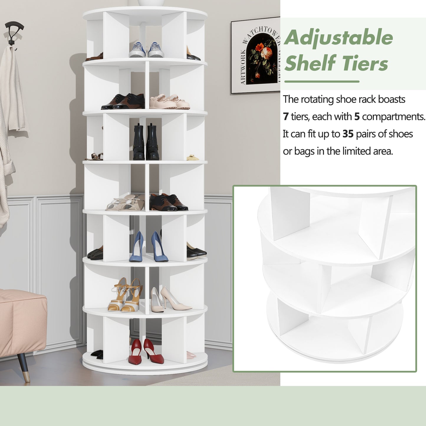 White tier rotating shoe rack with compartments ideal for shoe storage