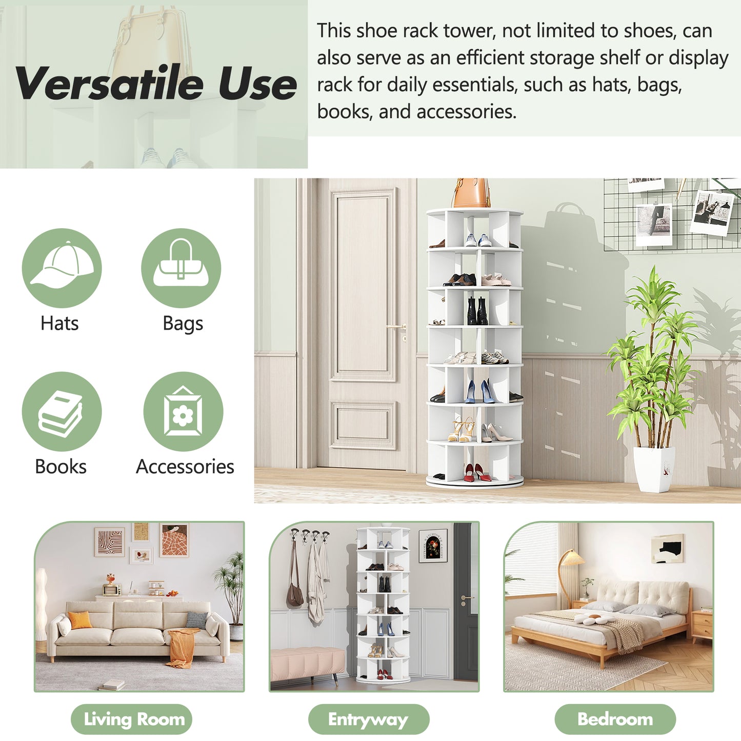 White rotating shoe rack tower with various shoes on display