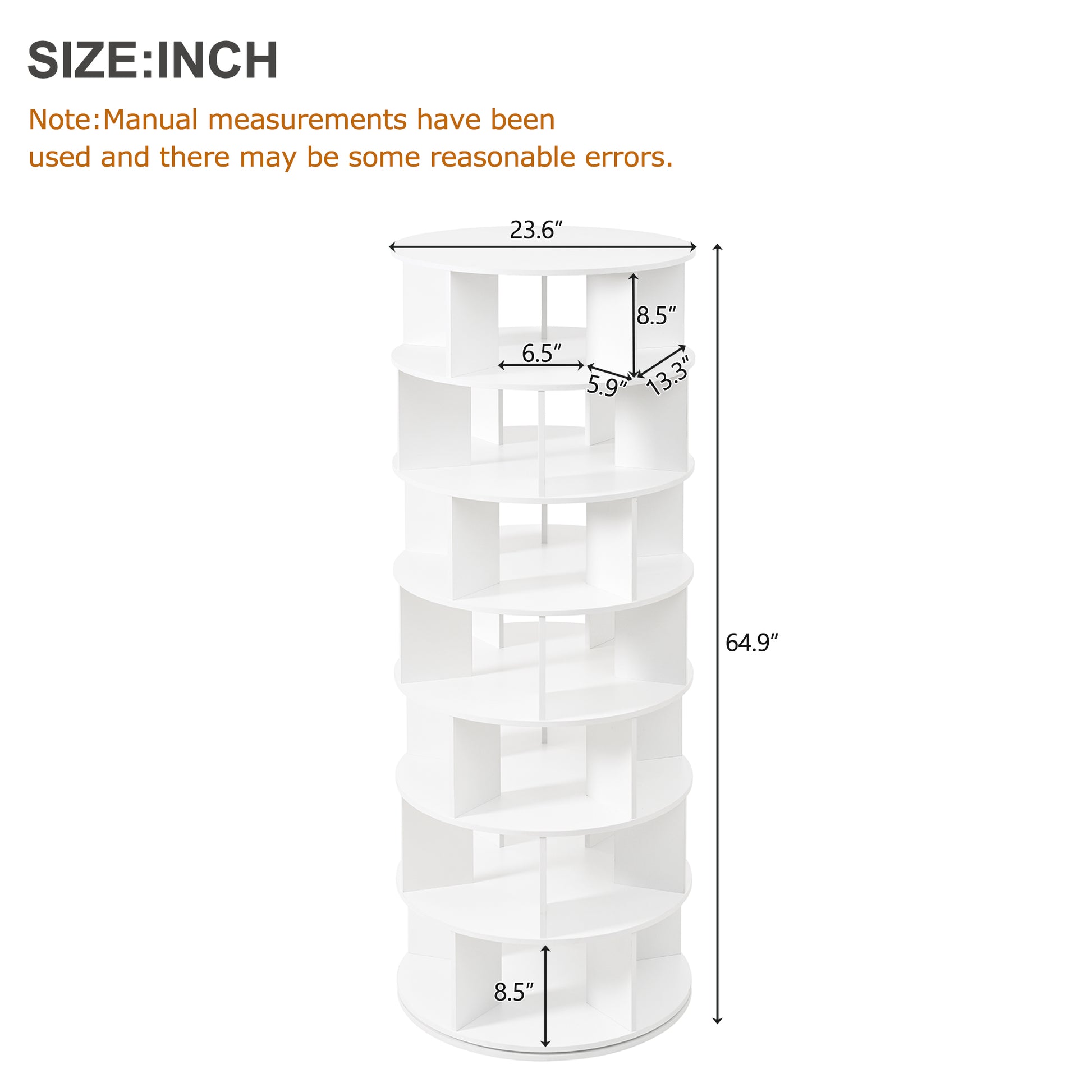 White rotating bookshelf with  tiers and detailed dimensions shown