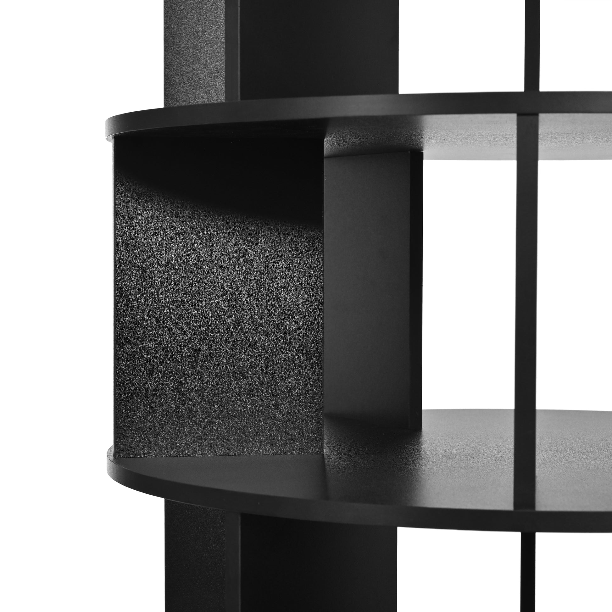 Black circular shelf unit with textured side panels modern design
