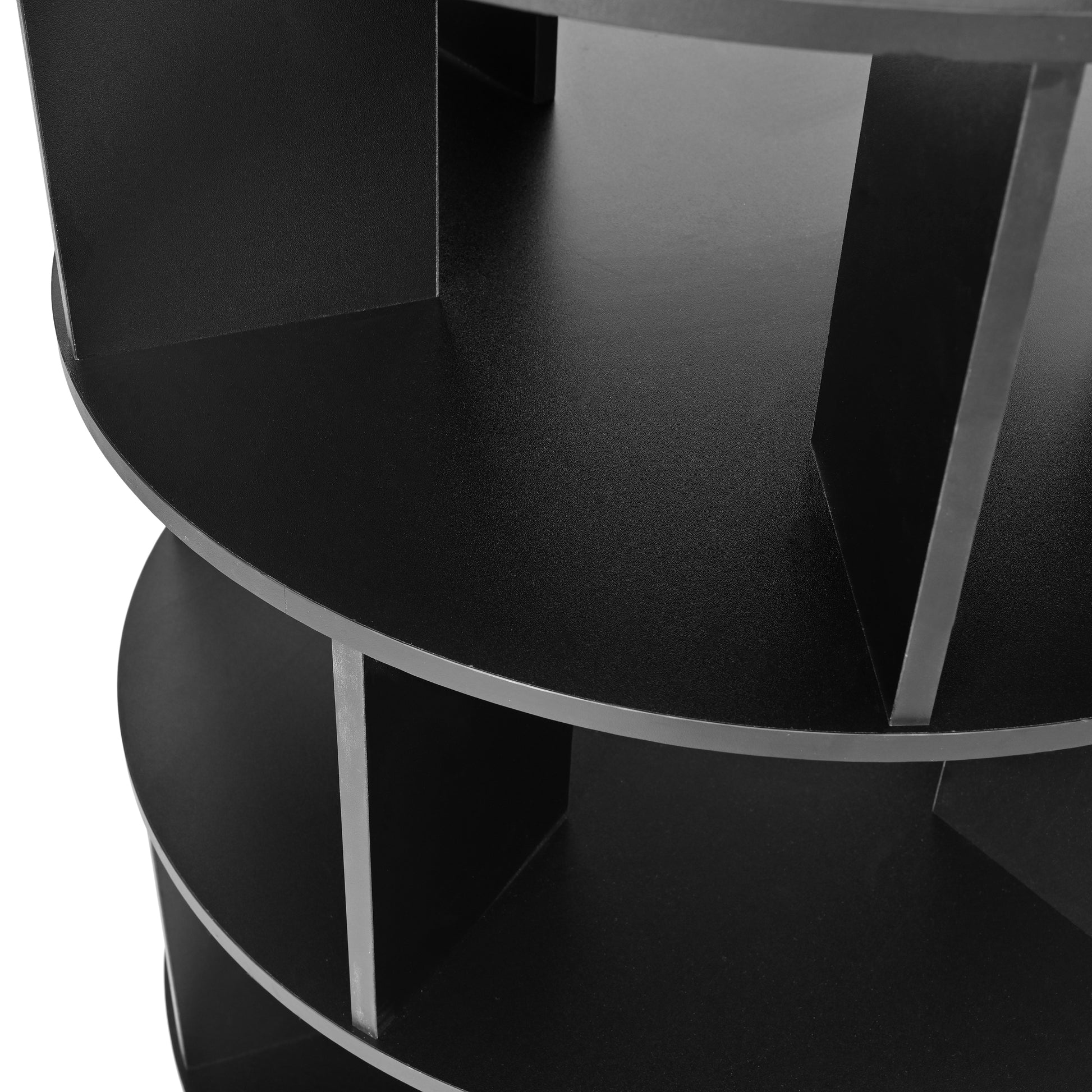 Black round bookshelf with textured finish  tiers for book storage