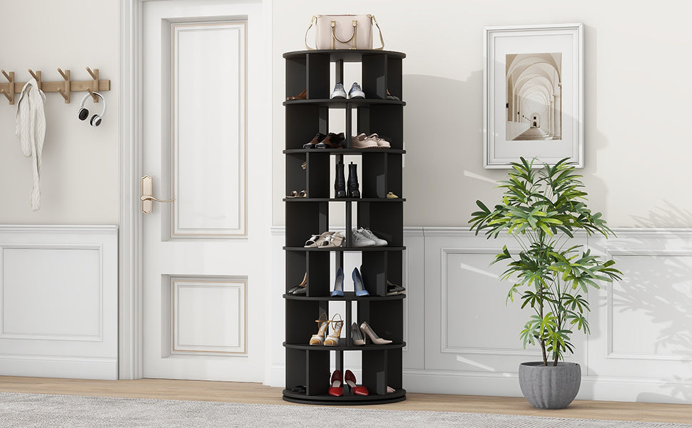 Black rotating shoe rack with multiple shelves displaying various shoe styles and a handbag on top