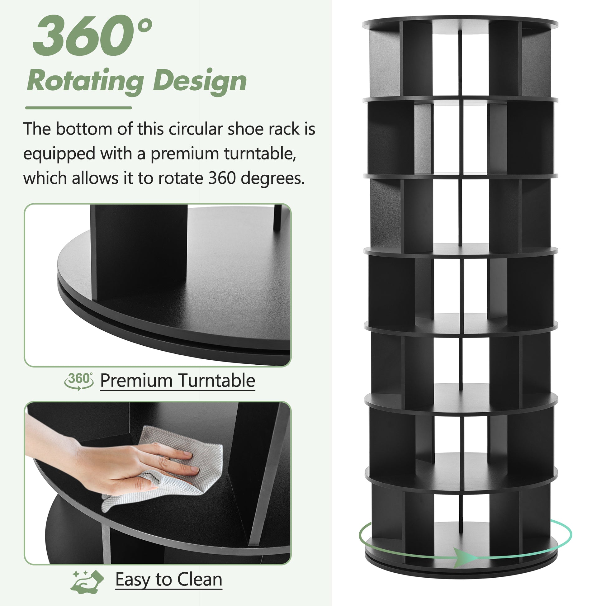 Black circular shoe rack with  tiers and degree rotating turntable for easy access