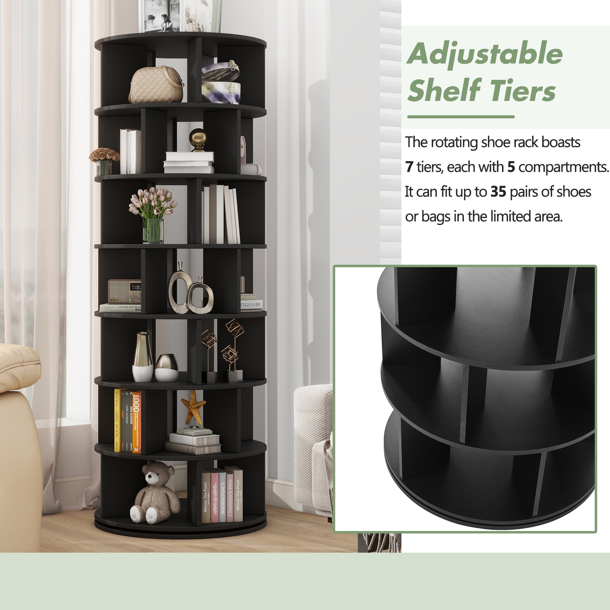 Black rotating bookshelf with  tiers showcasing books and decorative items