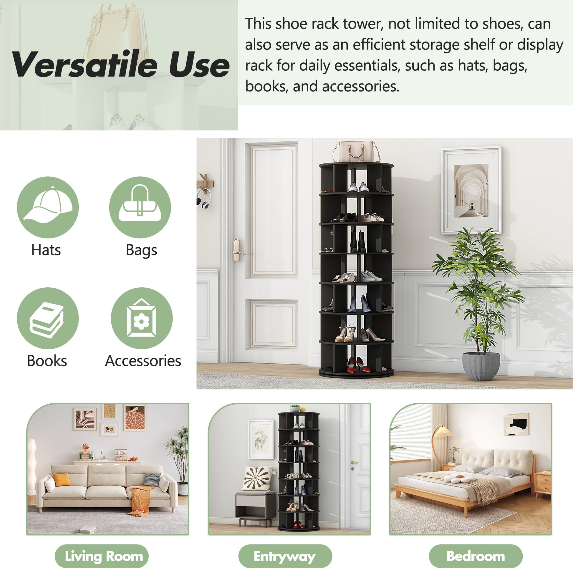Black degree rotating shoe rack tower with multiple shelves holding various shoes