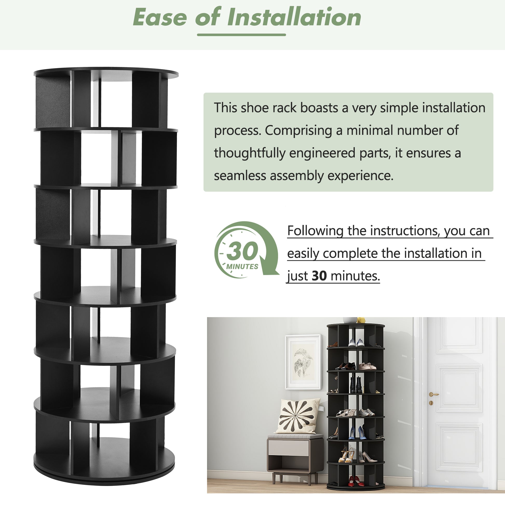 Black rotating shoe rack with seven tiers for entryway organization