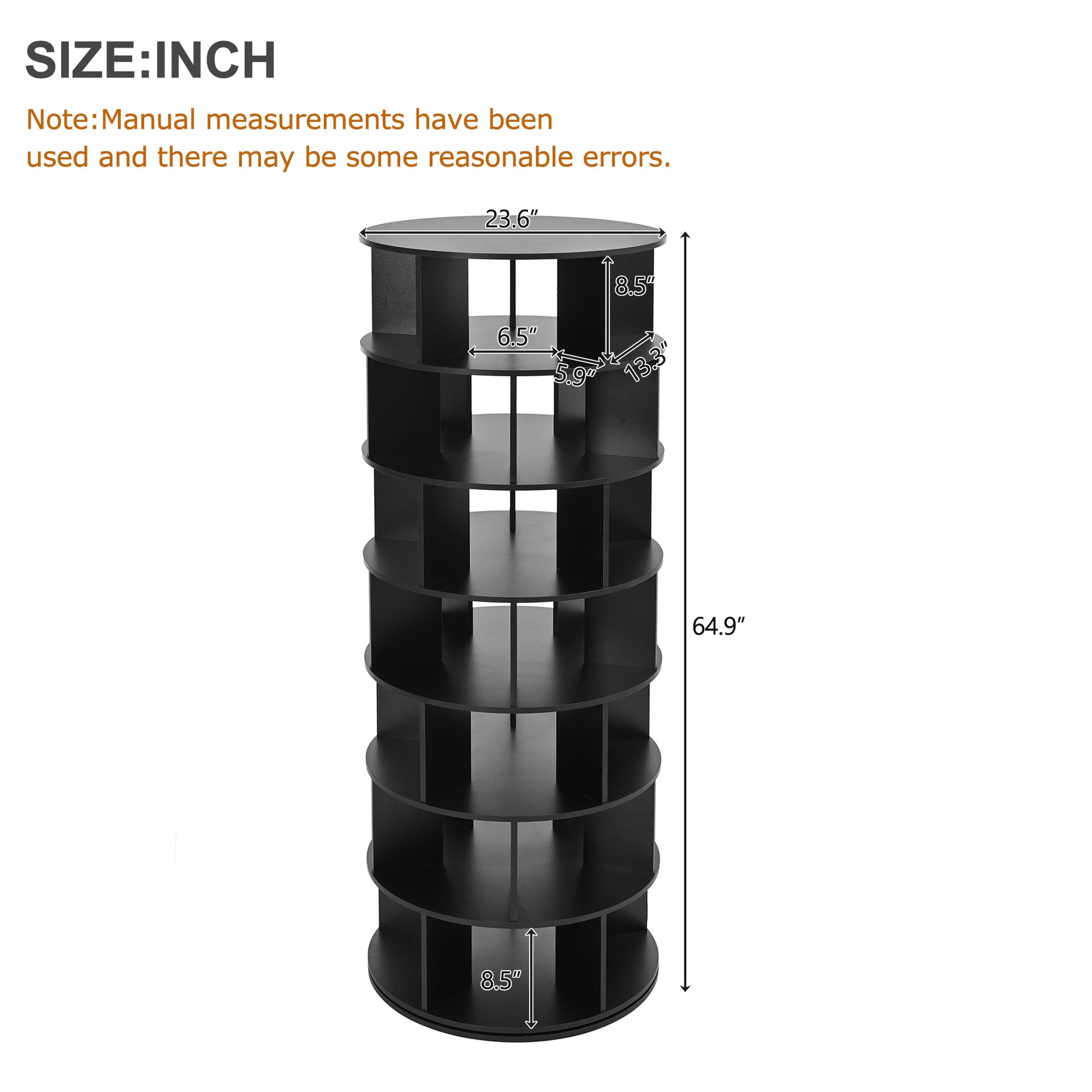 Black multitier rotating shoe rack with open compartments  inches tall