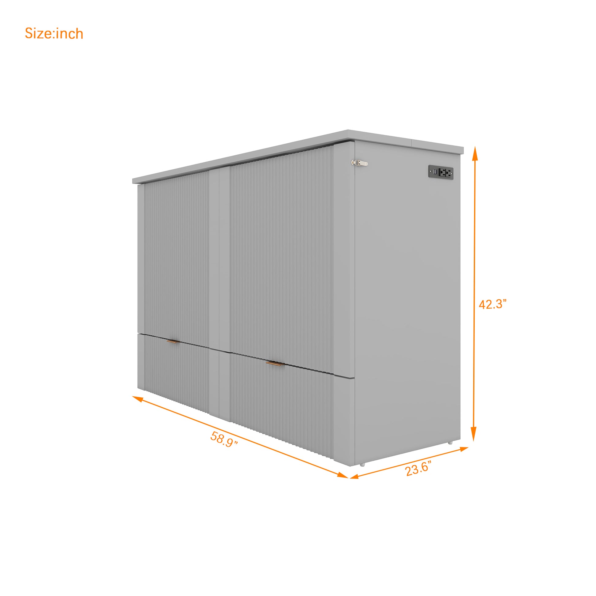 Modern gray outdoor storage cabinet with ribbed doors and builtin power outlets