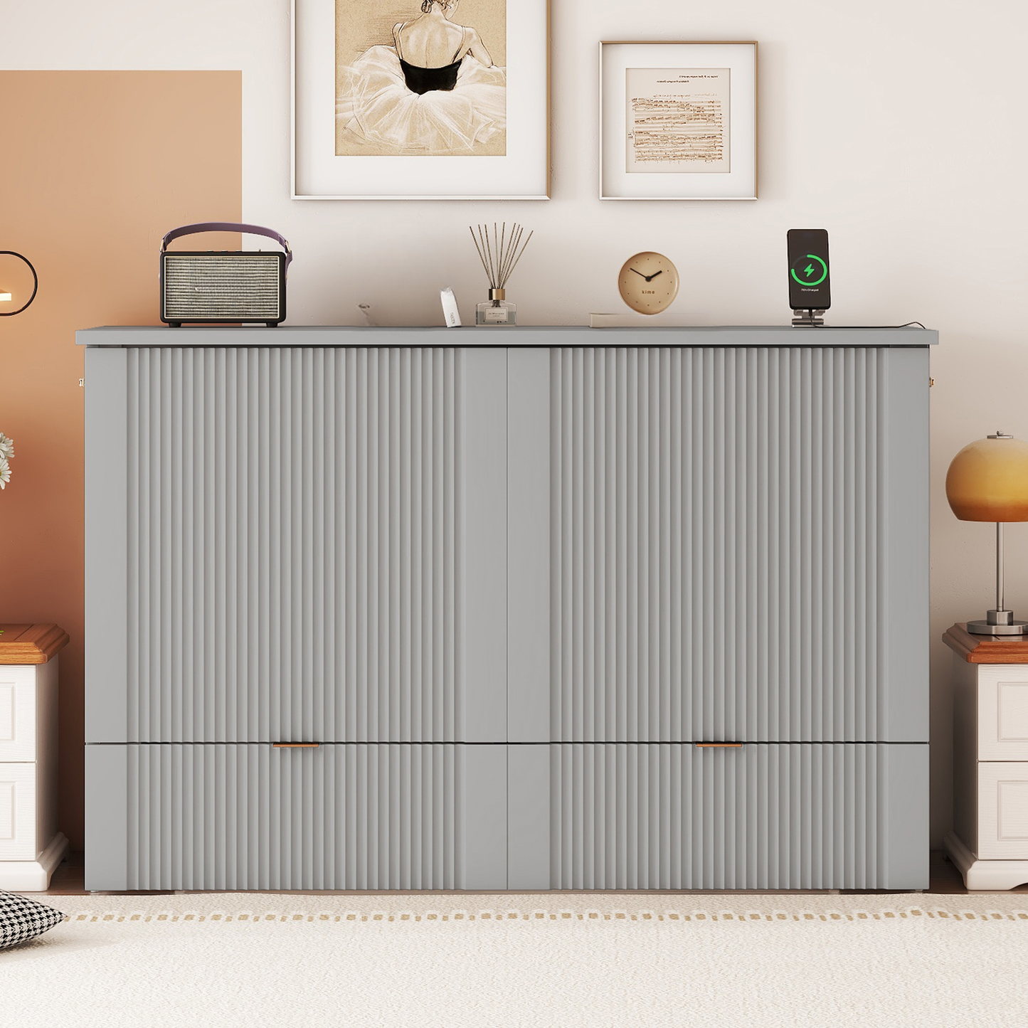 Gray modern cabinet with ribbed doors and minimalist design ideal for living rooms