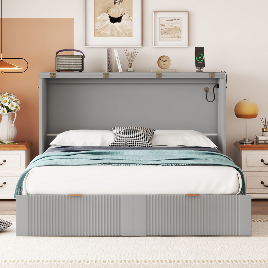 Gray murphy bed with white linens and teal throw blanket