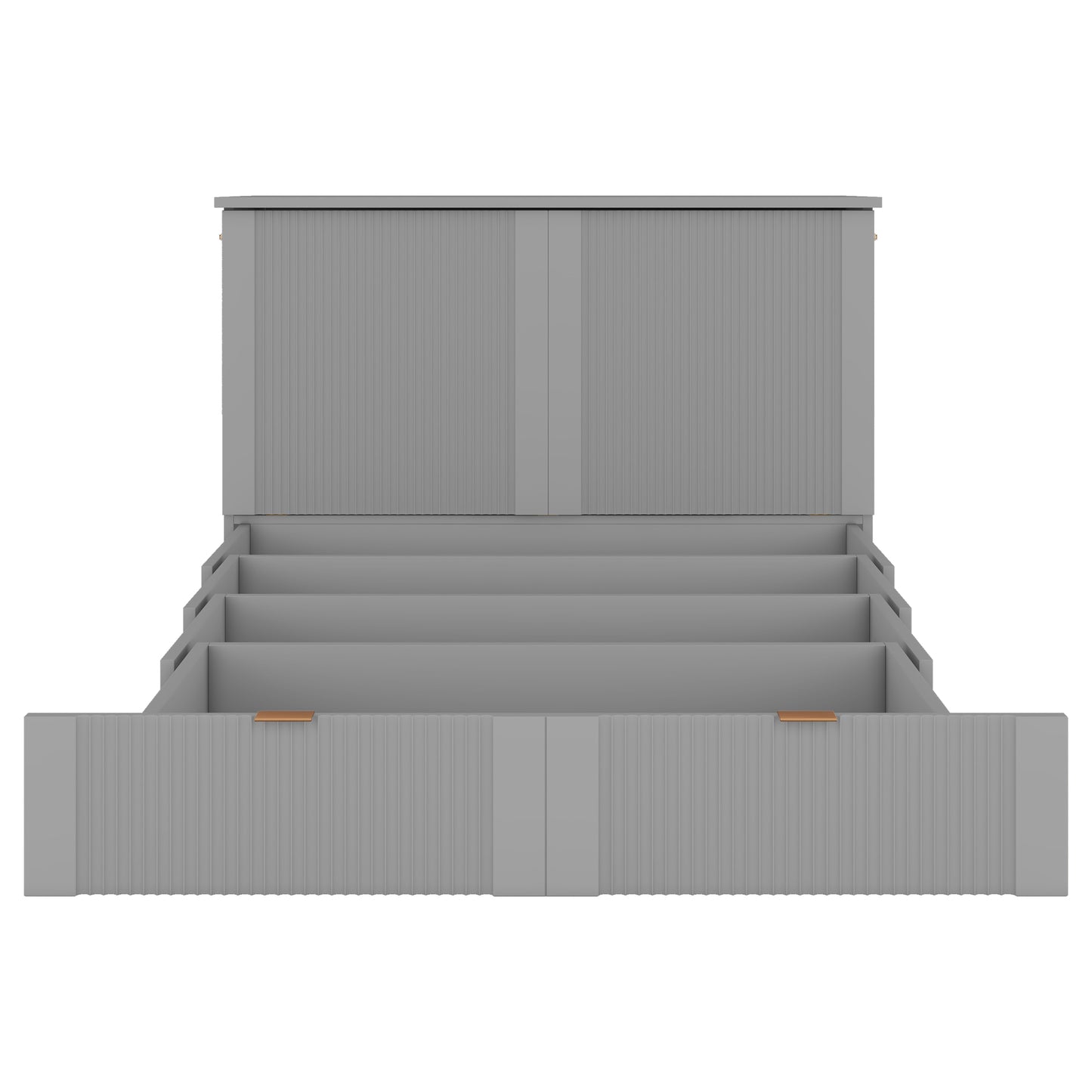Grey storage bench with three open shelves and fluted wood paneling Perfect for entryway organization