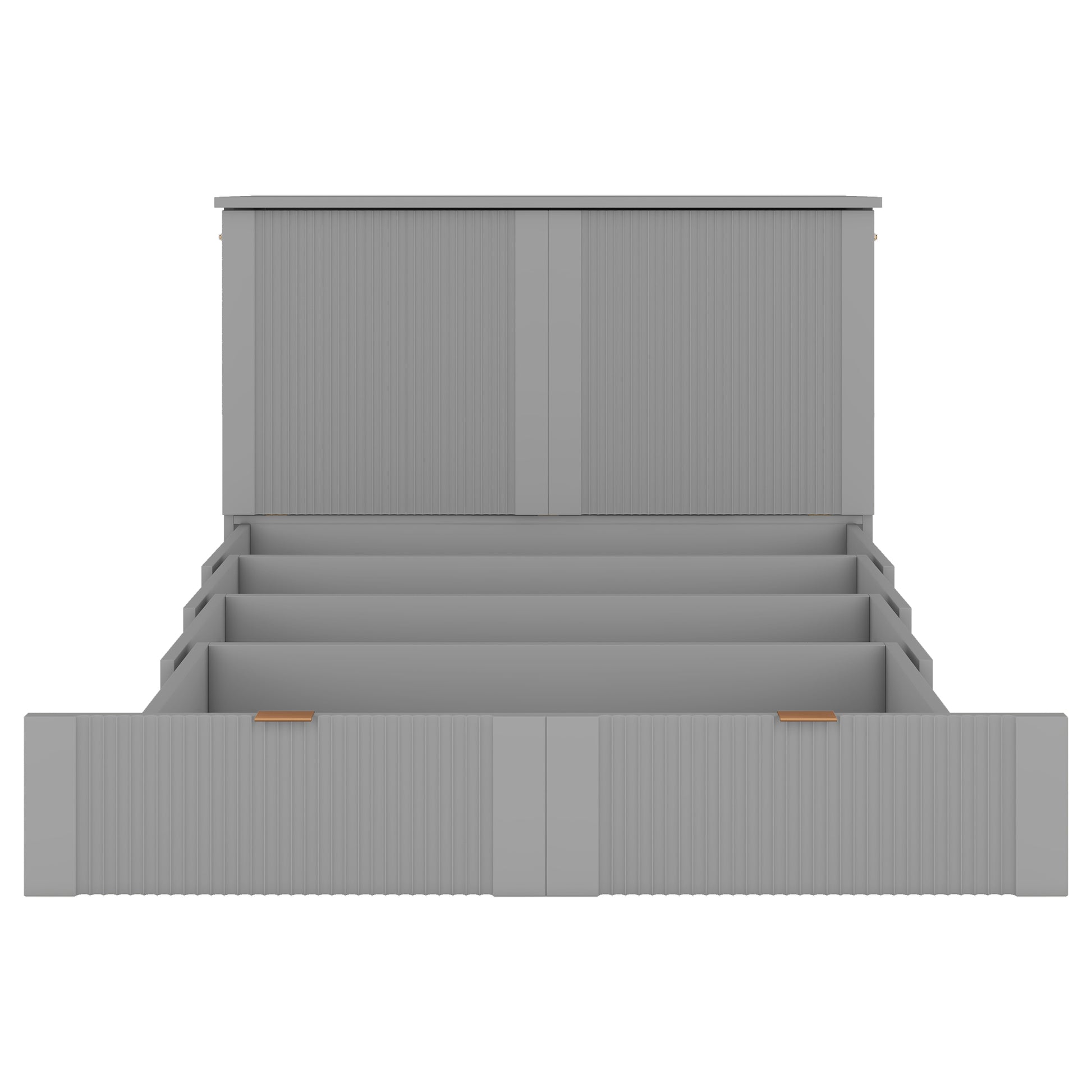 Grey storage bench with three open shelves and fluted wood paneling Perfect for entryway organization