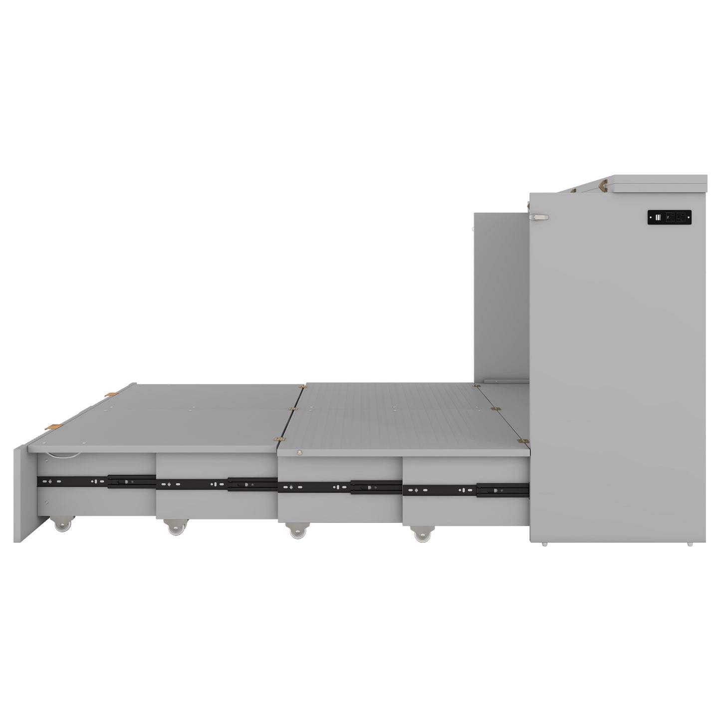 Gray retractable bed frame with extended mattress platform and metal drawer slides