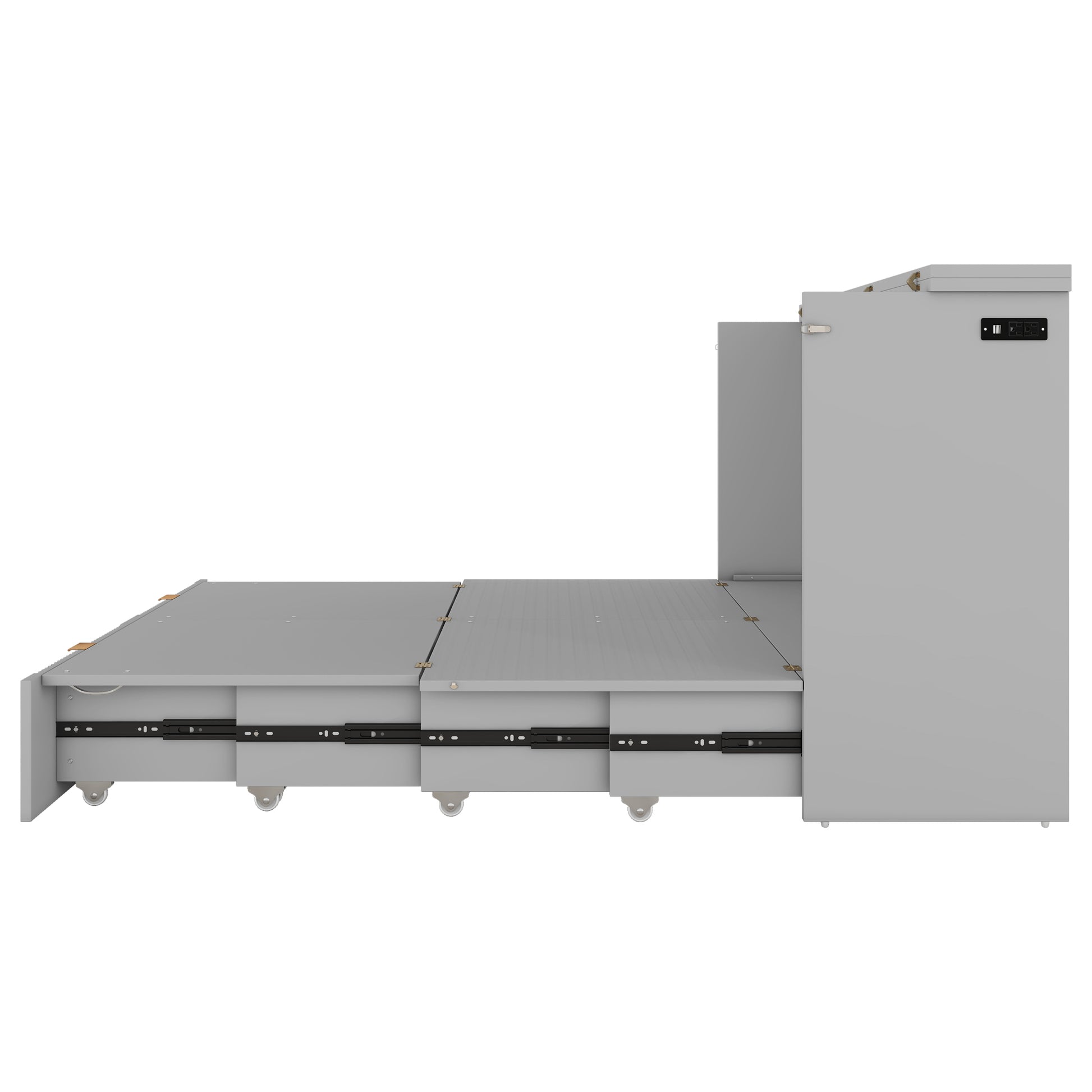 Gray retractable bed frame with extended mattress platform and metal drawer slides