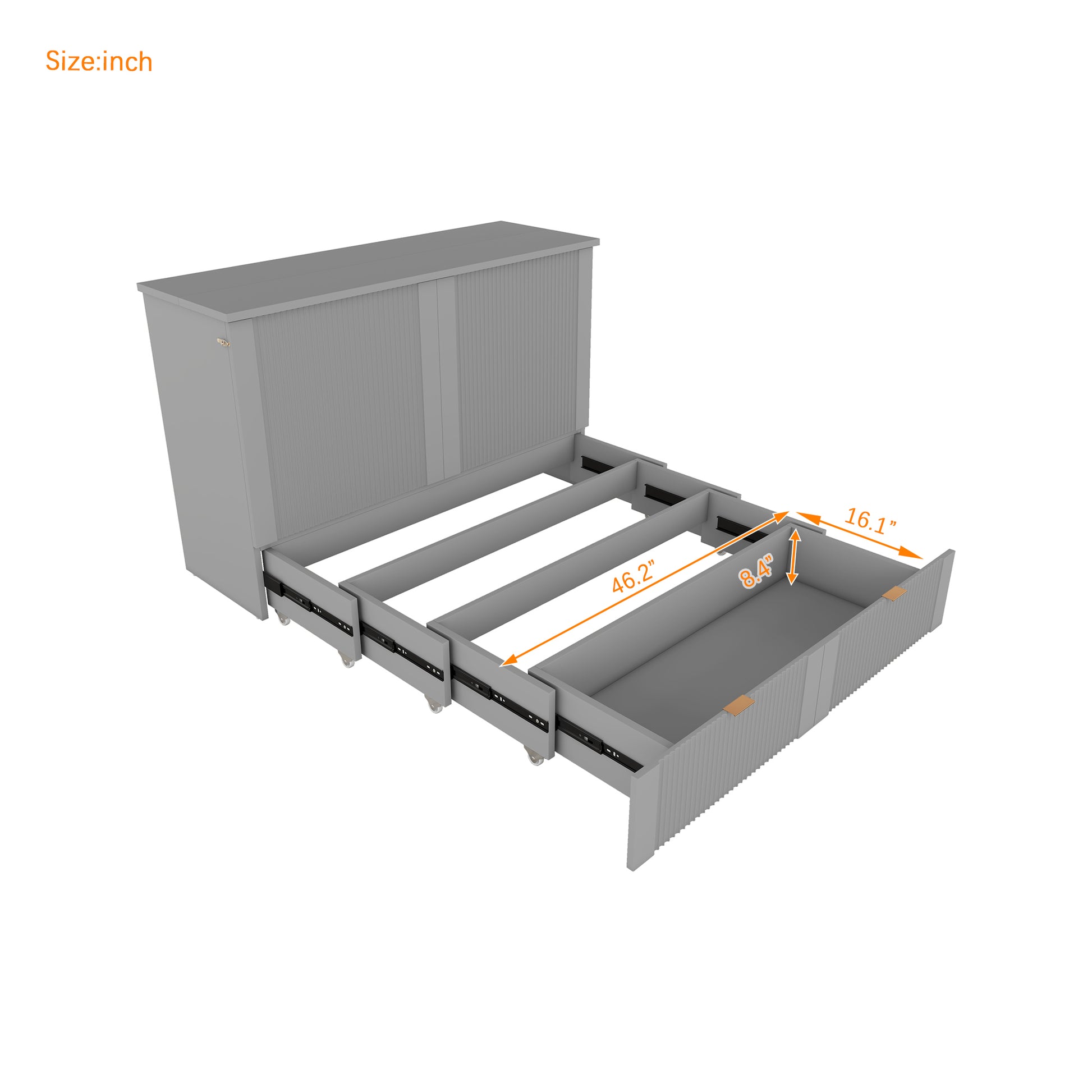 Gray wooden storage bed frame with three open drawers and metal glides