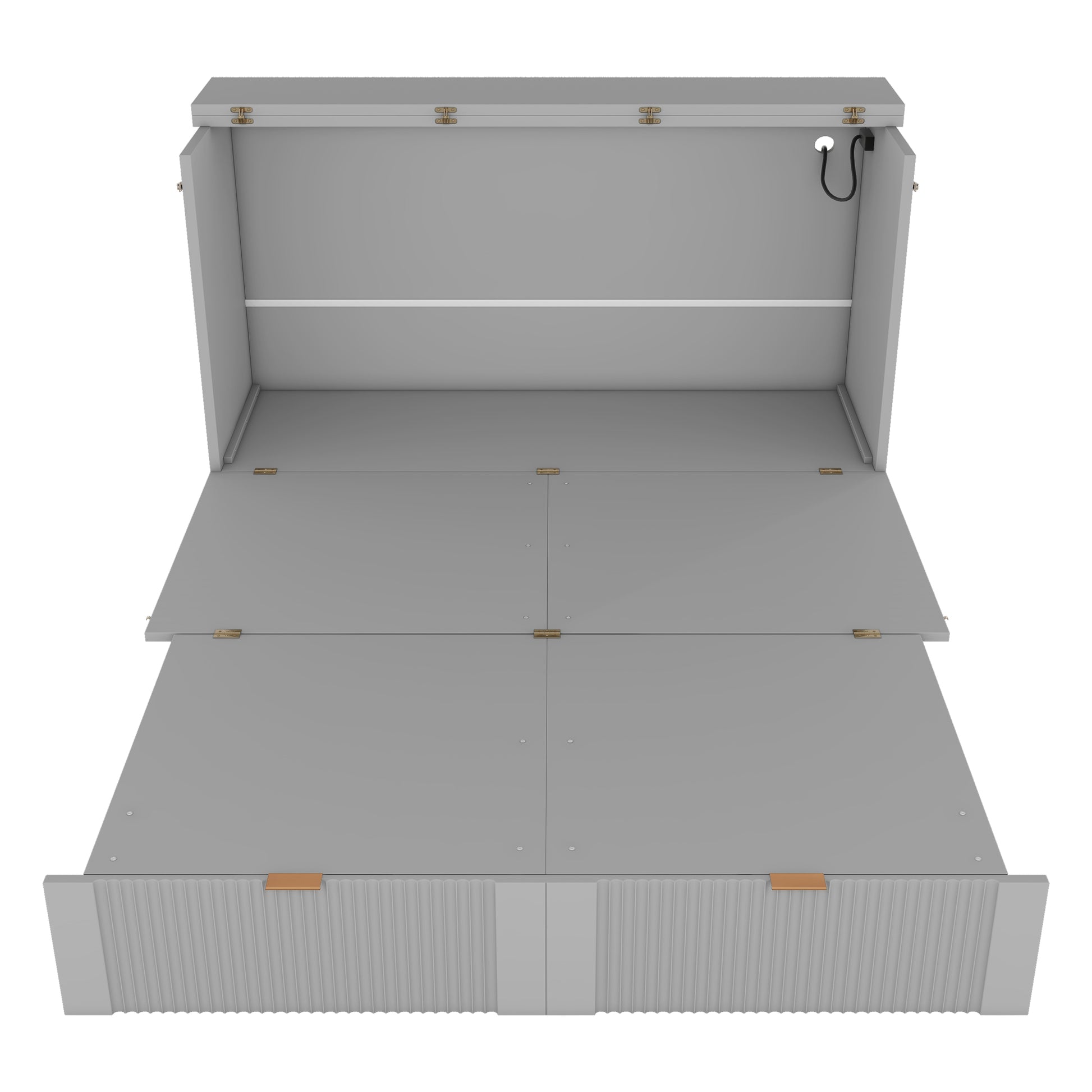 Open grey wallmounted desk with folddown writing surface and cable management