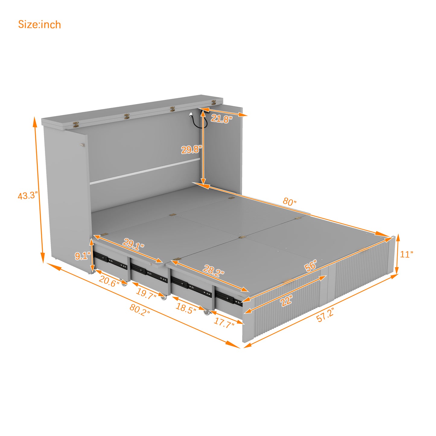 Gray Murphy bed with integrated storage drawers and dimensions indicated