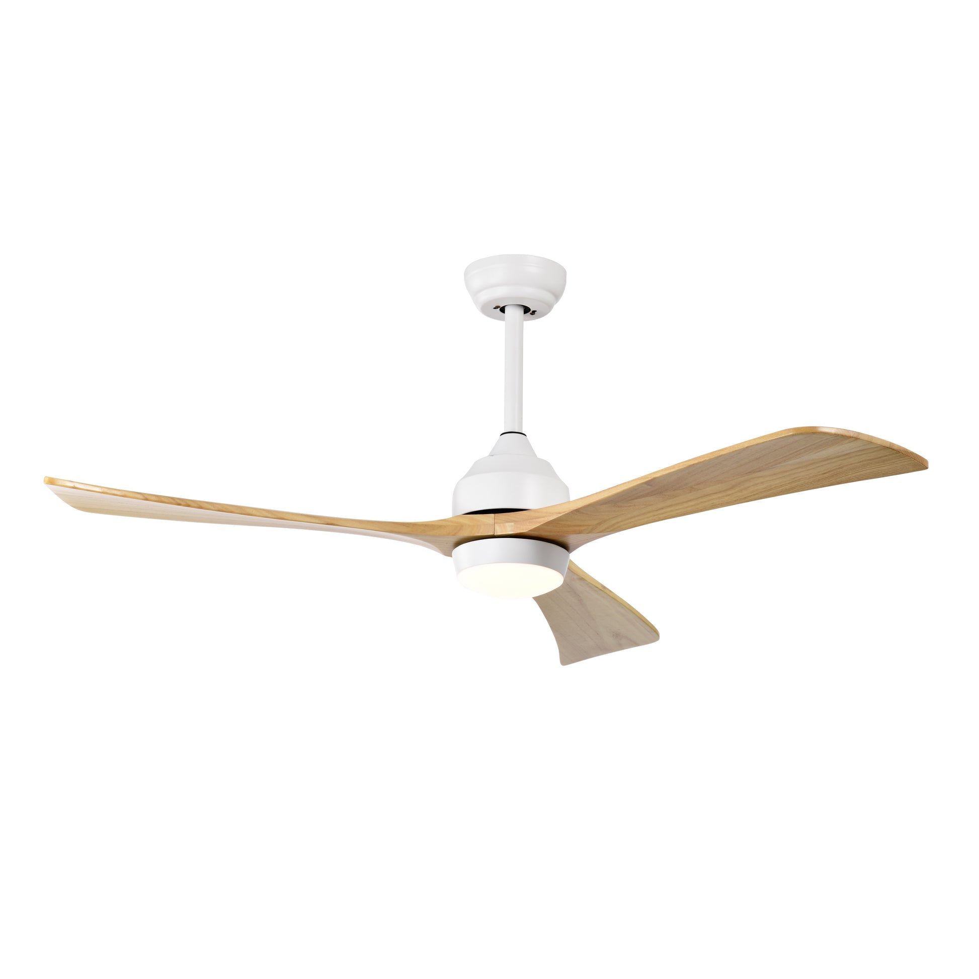 Modern white ceiling fan with three natural wood blades and integrated LED light