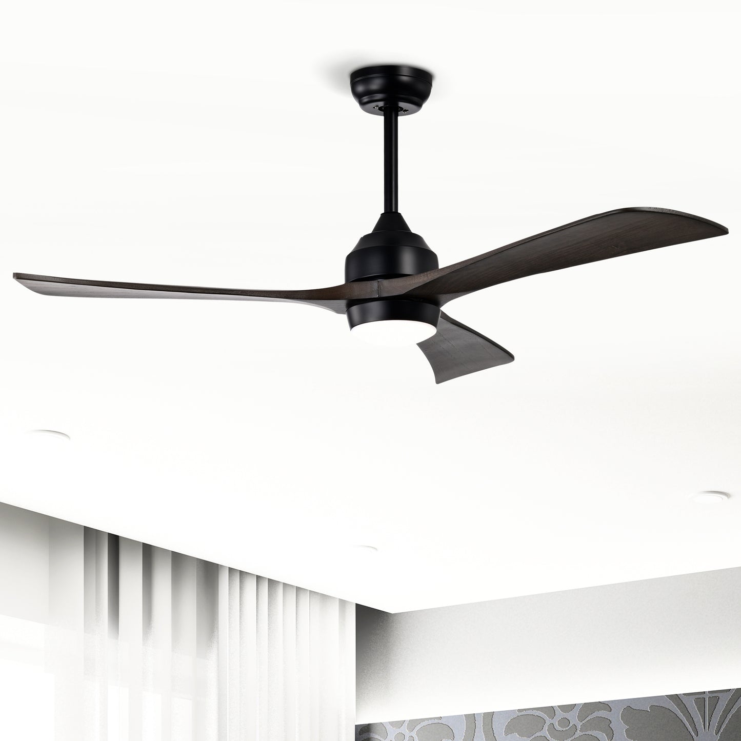 Modern black ceiling fan with dark wood blades and integrated LED light
